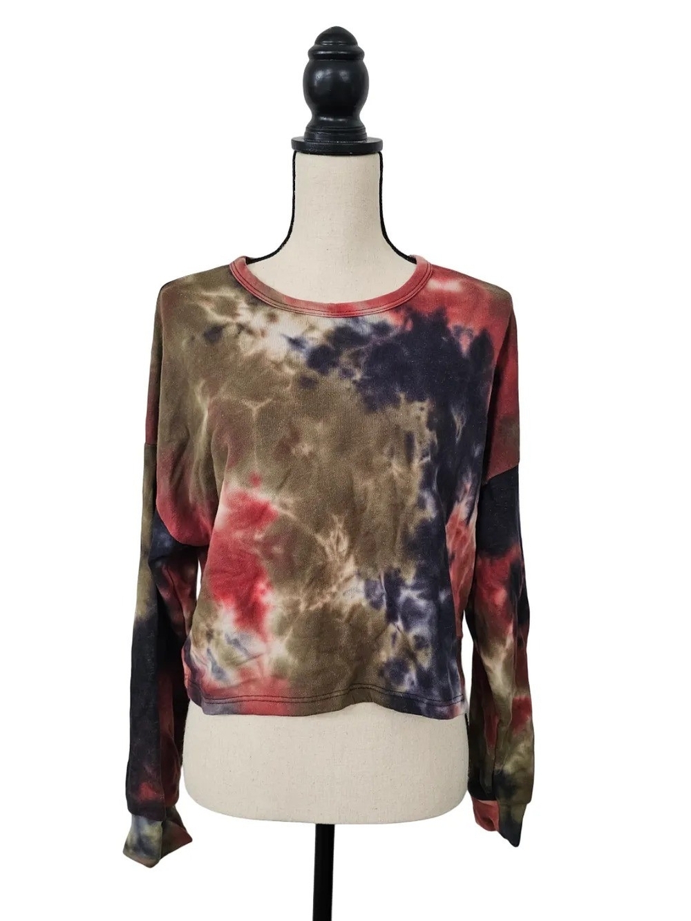 Forever 21 Tie-Dye Long Sleeve Top in Olive, Red & Navy